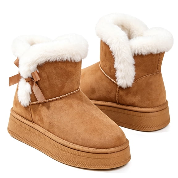Knivor Side Bow Platform Ankle Snow Boots for Women Suede Faux Fur Cuff Short Winter Booties Slip On Non Slip Thick Sole Indoor Outdoor Warm Cold Weather Shoes