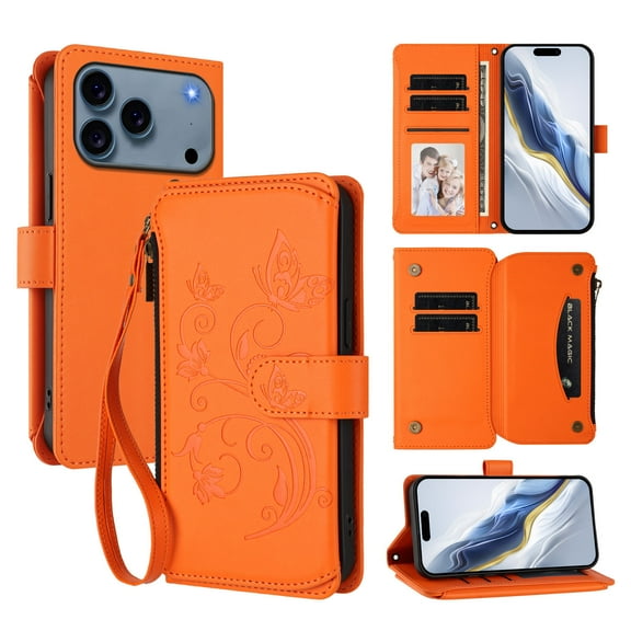 New Phone Case For iPhone 17 Pro Max,  Shockproof Embossed Butterfly Flower Leather Flip Kickstand Card Holder Zipper Wallet Case Crossbody Strap Lanyard  ,Orange