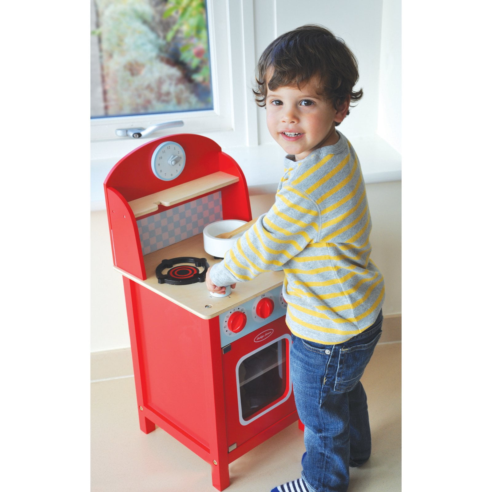 Red Pretend Play Wooden Kitchen Unit with Movable Parts annd Accessories Indigo Jamm Mini Cooker
