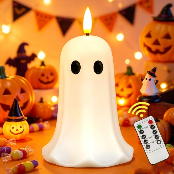 1 Pack Halloween Ghost Flameless Candle with Timer – LED Candle with Flickering Flame, Remote Control, Spooky Halloween Lamp Decorations Indoors, Cute Tabletop Decor for Mantel Home, Battery Operated