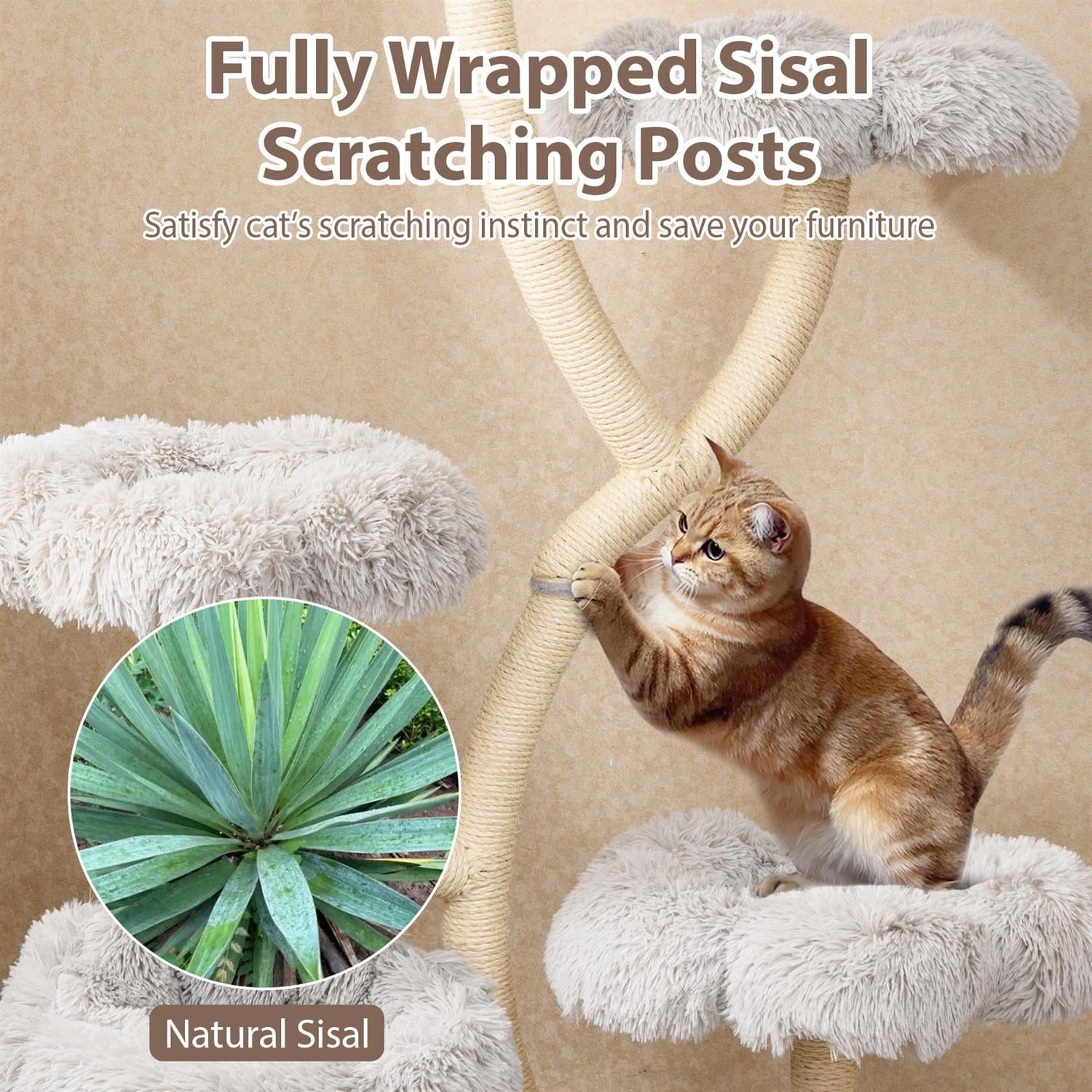 Pefilos Freestanding Cat Tower, 4 Flower-shaped Platforms, Sisal Scratching Posts, Gray