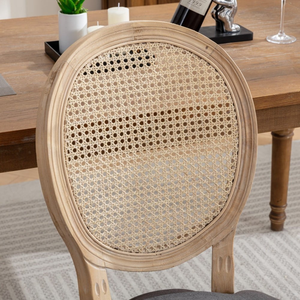 French Style Dining Chairs Set of 2, Solid Wood Upholstered Kitchen Chairs with Rattan Backrest, Linen Fabric, Antique Finish, Light Gray