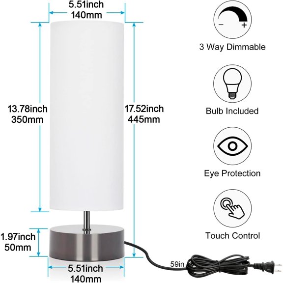 Touch Table , 3-Way Dimmable Modern Minimalist Accent Bedside  with Cylinder Fabric Shade, Night Light for Bedroom Living Room