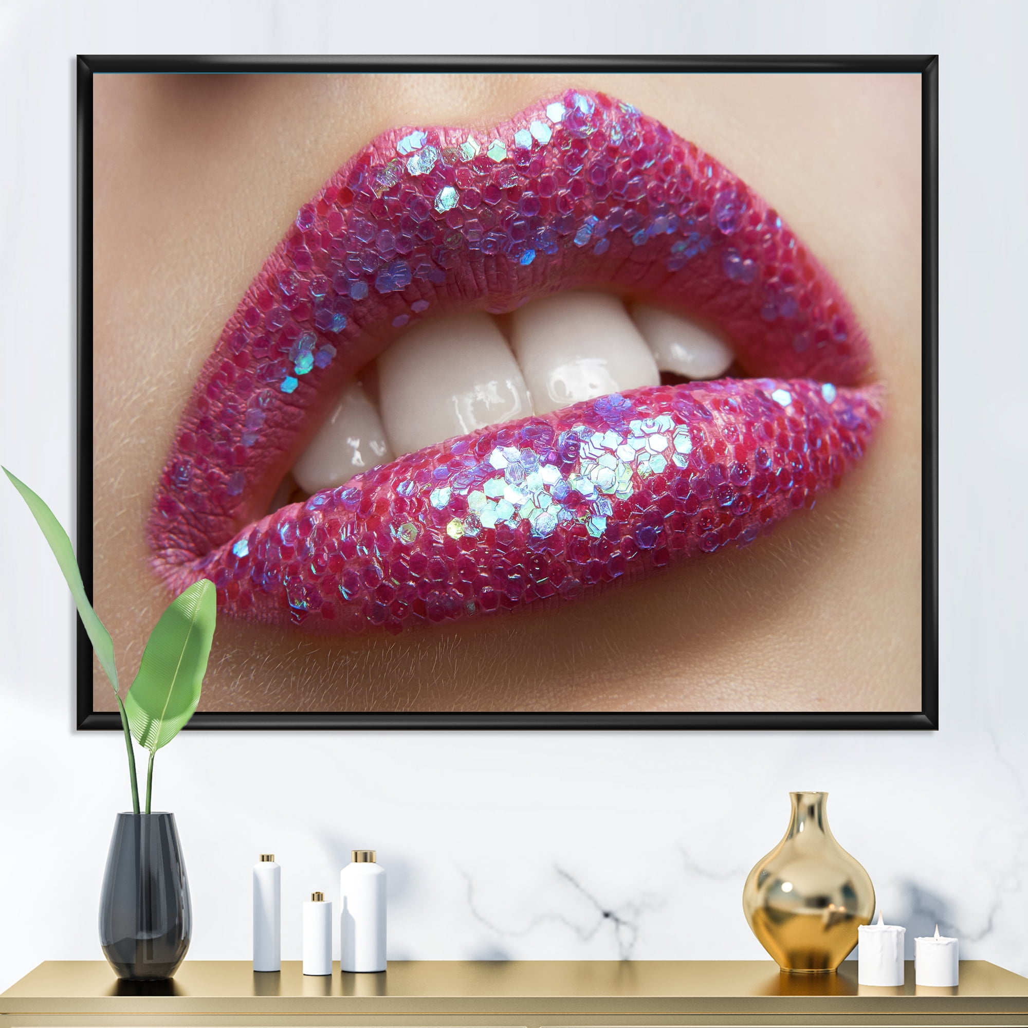 Designart 'Girl Lips Pink Lipstick and Sequins' Modern Framed Canvas Wall Art Print