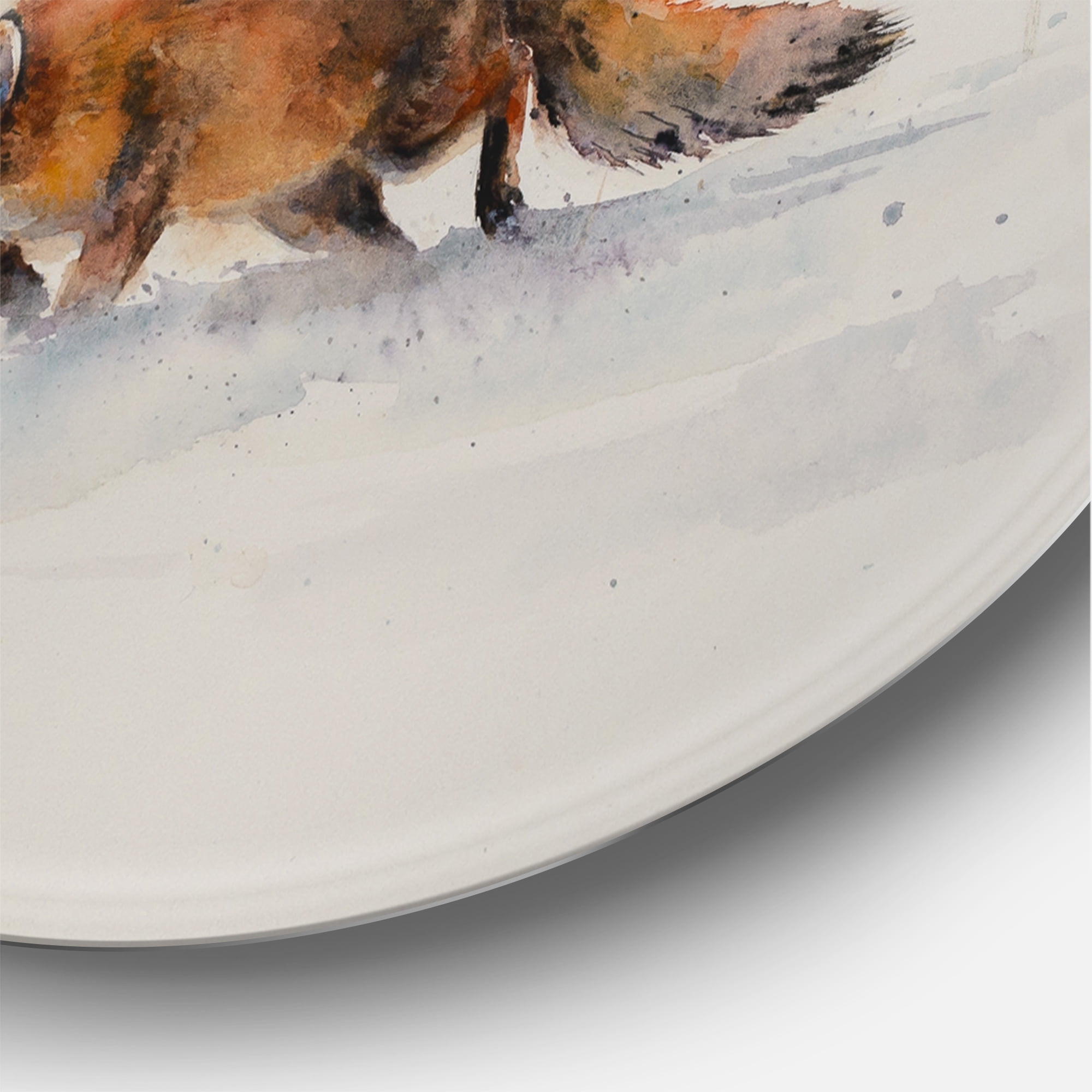 Designart 'Red Fox Running In White Snow in Countryside I' Farmhouse Circle Metal Wall Art 23x23 - Disc of 23