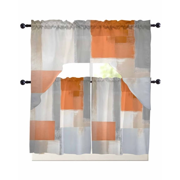 Burnt Orange Grey Kitchen Curtains Sets 24 Inch Length with Valance, Abstract Art Color Block Swag Valances and Tiers Curtain Set Drapes Swag Curtains for Living Room, Bathroom, Bedroom, Cafe