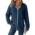 thumbnail image 2 of Womens Waffle Knit Full Zip Hoodie Oversized Long Sleeve Casual Fall Hooded Sweatshirt Jacket Tops with Pockets Navy M, 2 of 5