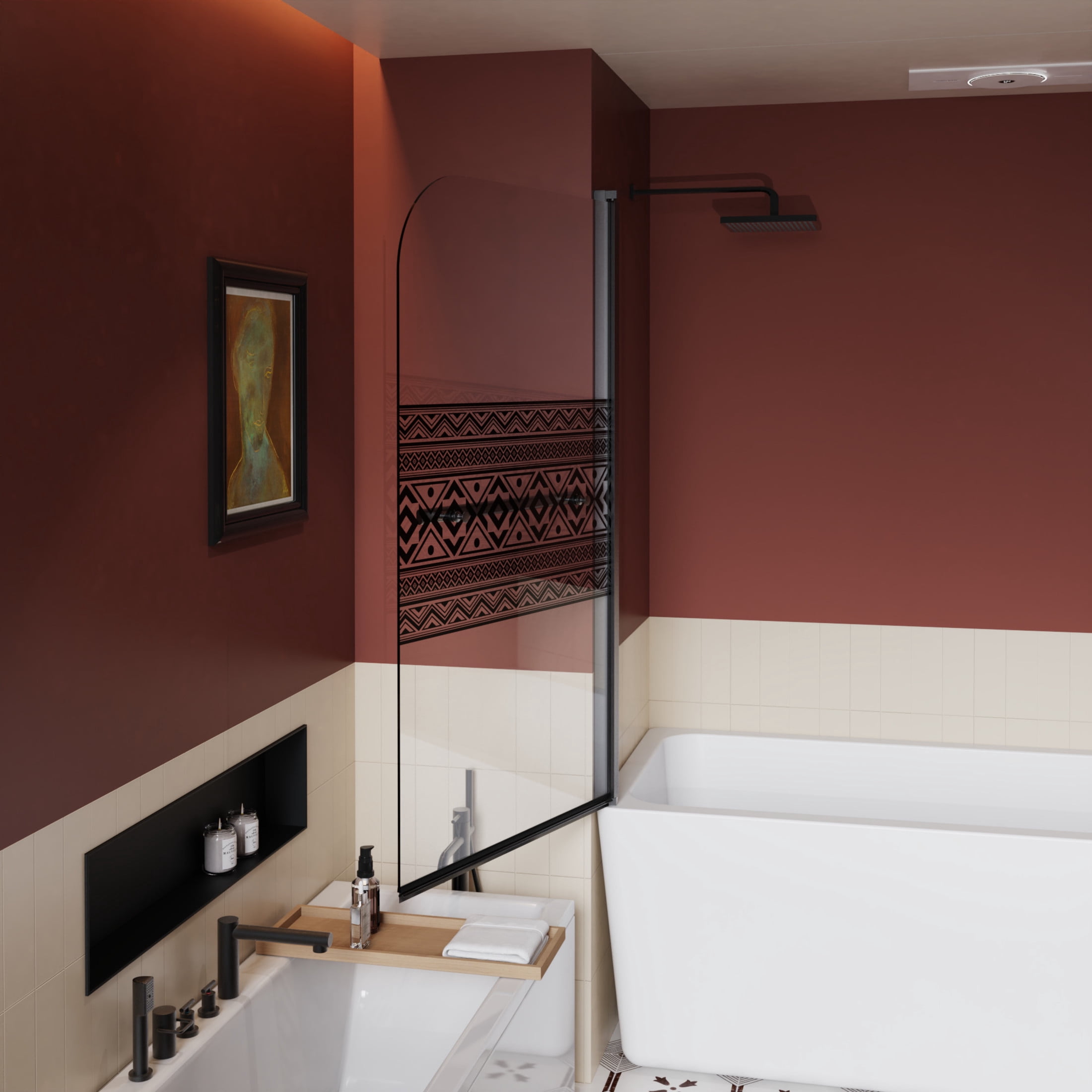 Noble House 32" x 55" Bathtub Shower Door, Bohemian Pattern Tempered Glass with Stainless Steel Handle, Matt Black