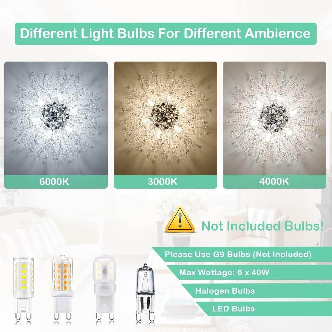 19.5" Crystal Flush Mount Ceiling Light - Modern Sputnik Chandelier with 6 G9 Bulbs (19.5"W x 11.8"H)