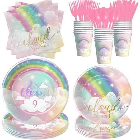 Pastel Rainbow Cloud 9 Birthday Decorations for Girls Tableware, We're On Cloud Nine 9th Birthday Party Supplies, Disposable Paper Plates, Napkins, Cups, Cutlery, Serves 24