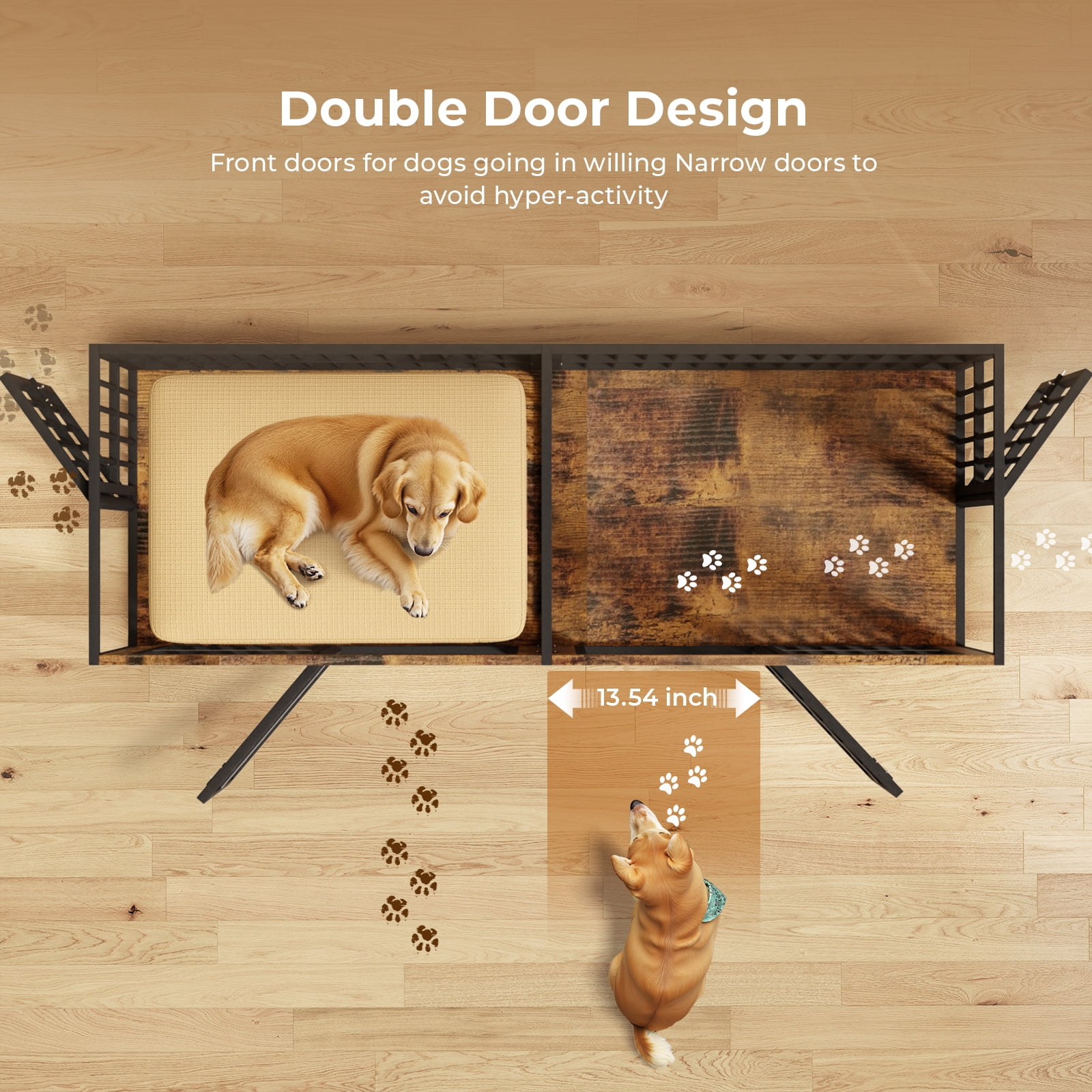 Ironovahome 88" Dog Crate Furniture for 2 Large Dogs with Sturdy Removable Divider and Double Doors, XXL Extra Large Indoor Dog Kennel, Thick Heavy Duty Wooden Dog Cage, Brown