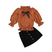 Fullvigor Girls Long Sleeves Leopard Pullover Tops Leather Skirt Fall Winter Outfit Set