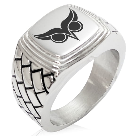 Stainless Steel Athena Greek Goddess of Wisdom Geometric Pattern Step-Down Biker Style Polished Ring