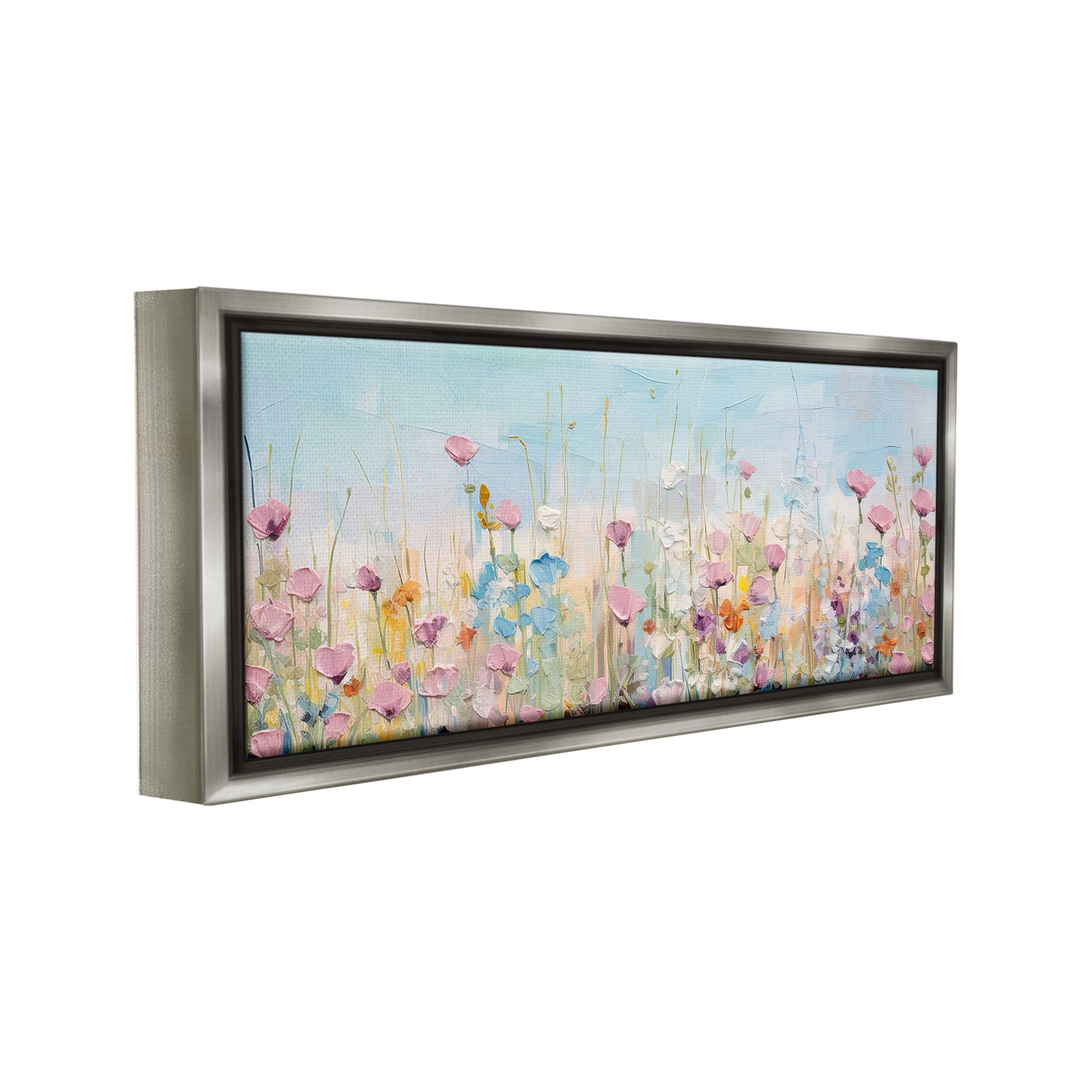 Stupell Industries Peaceful Wildflowers Meadow Botanical & Floral Painting Gray Floater Framed Canvas Art Print Wall Art, 25 x 11