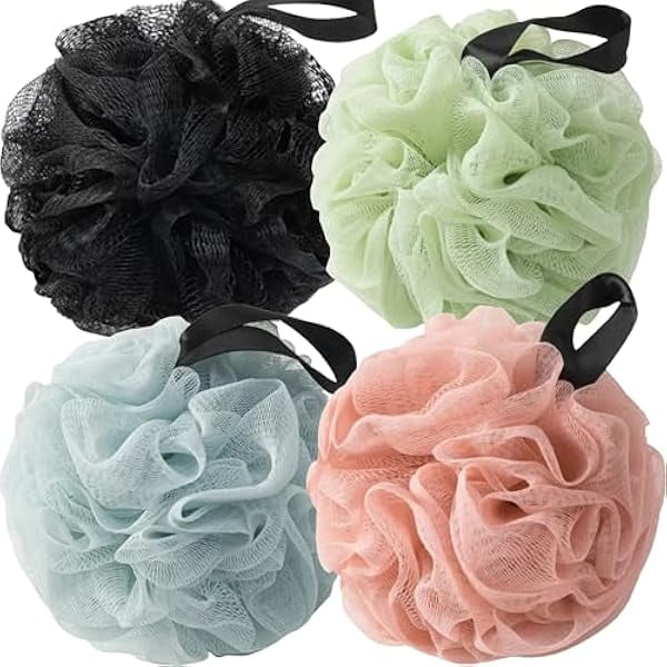 wonima11 Loofah Sponges for Shower,Exfoliating Cleaning Bath Loofa Body Scrubber Balls for Women Men Washing,Popular Mix 4 Pack - Black, Sky Blue, Pink & Light Green