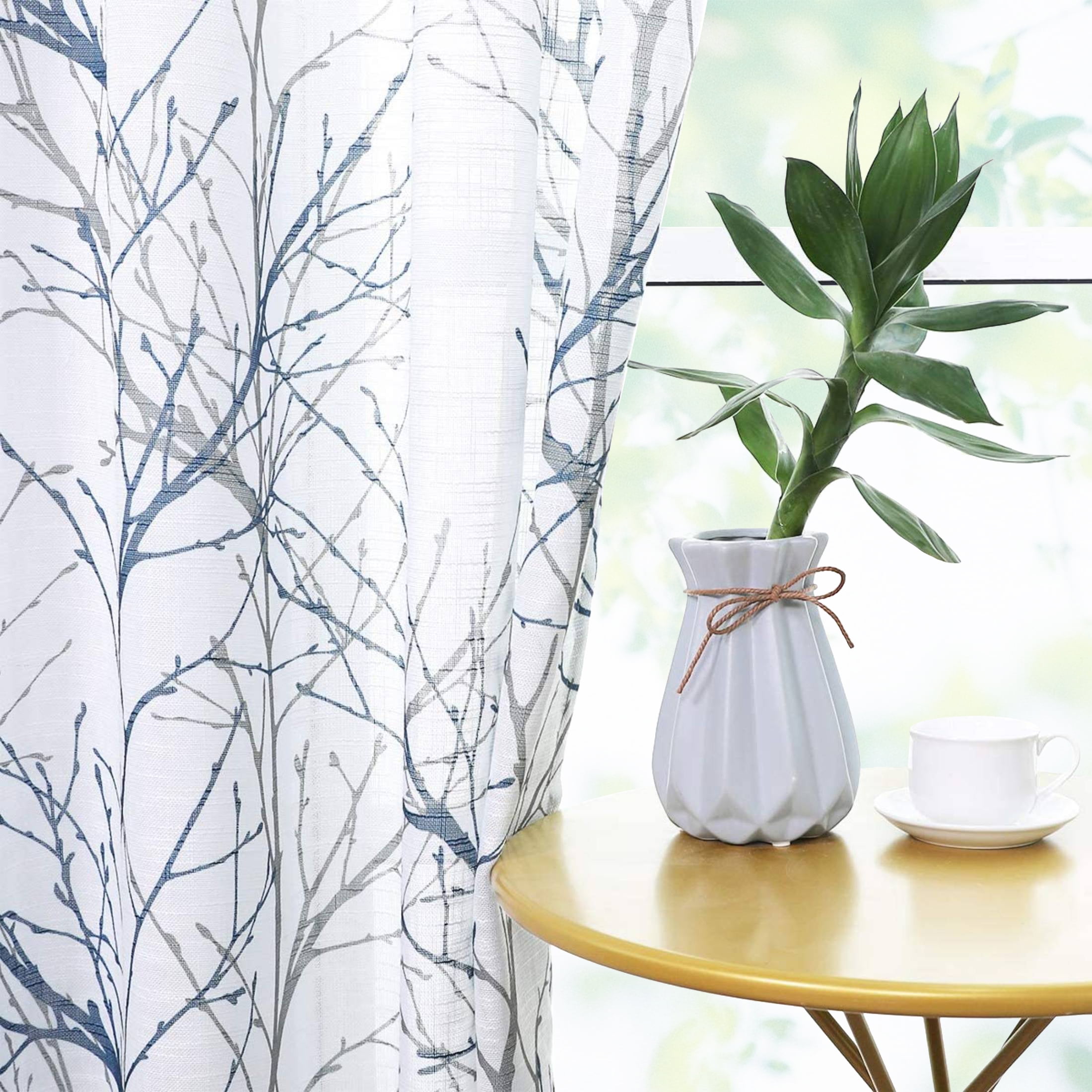 Decoultimatex White Semi Sheer Curtains for Living Room With Blue Grey Branches Printing on Linen Textured White Window Treatment Panels for Bedroom Drapes, 50"x96"x2