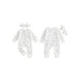 thumbnail image 3 of Loicainy Newborn Baby Girl Spring Fall Romper 3 6 Months Bow Print Long Sleeve Full Length Zipper Front Ribbed Jumpsuit Bow Headband 2Pcs Set, 3 of 9