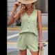 thumbnail image 4 of Conjunto Casual de 2 Piezas para Mujer, Jersey con Cuello en V y Pantalones Cortos de Cintura Alta, Chándal Transpirable de Color Sólido, Verde , Talla L, 4 of 9