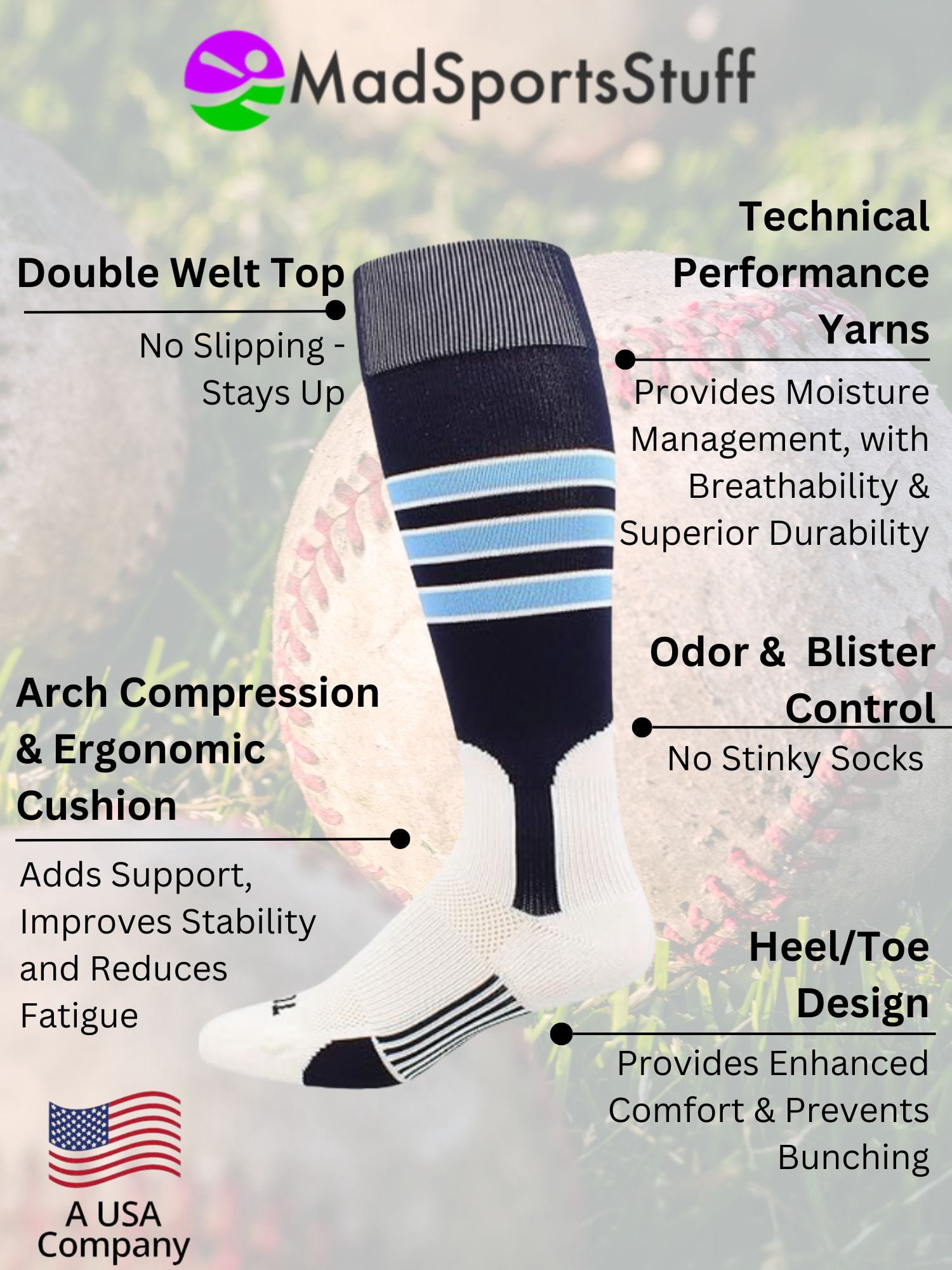 VTG 70s Chaussettes Montantes Baseball / Softball - Nylon Blanc Vert - Élastique USA