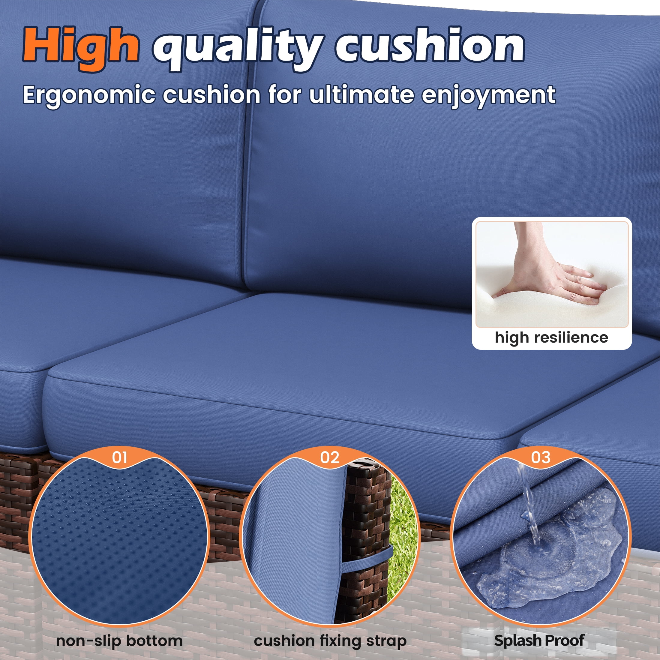 UDPATIO Patio Furniture Set with Fire Pit Table, Outdoor Patio Sofa Set With Wide Armrest, All-Weather Wicker Rattan Guest Set With Cushion And Glass Table And Waterproof Cover, Brown&Navy Blue