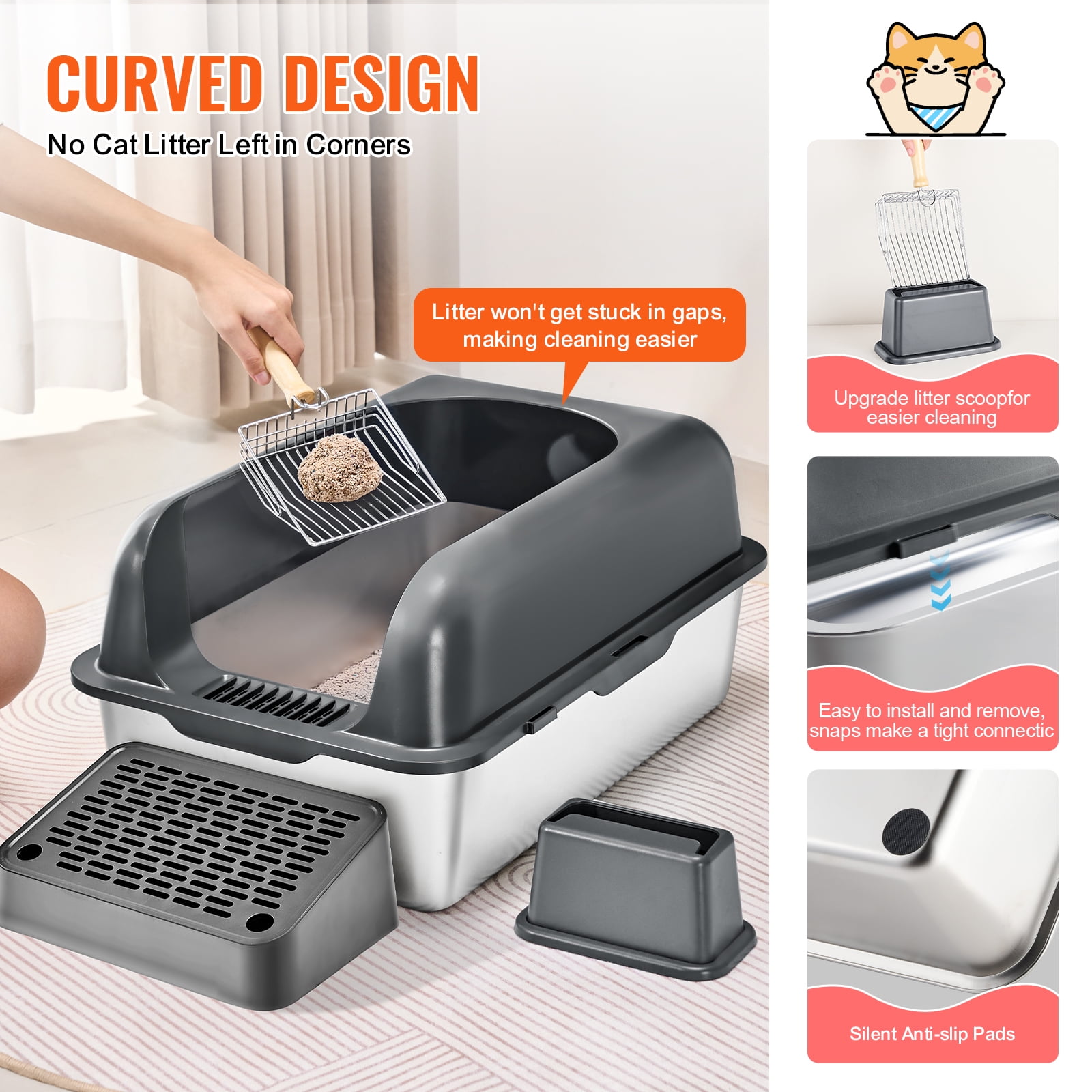 KFFKFF Extra Large Stainless Steel Cat Litter Box, 6-Inch Deep Design with Scoop, High Sides & Wide Filtering Foot Board, Enclosed and Easy to Clean, Ideal for Large Cats
