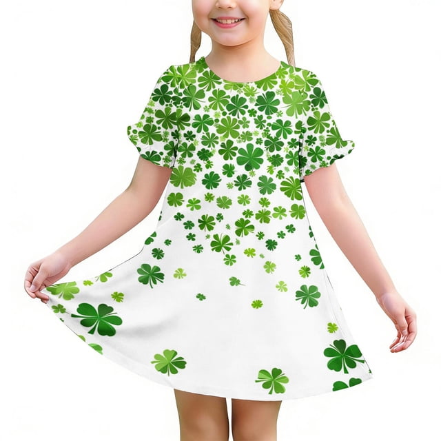 Niñas Vestido de Día de San Patricio Manga Corta Cuello Redondo Casual para 3-12 Años Niños Niños Verano