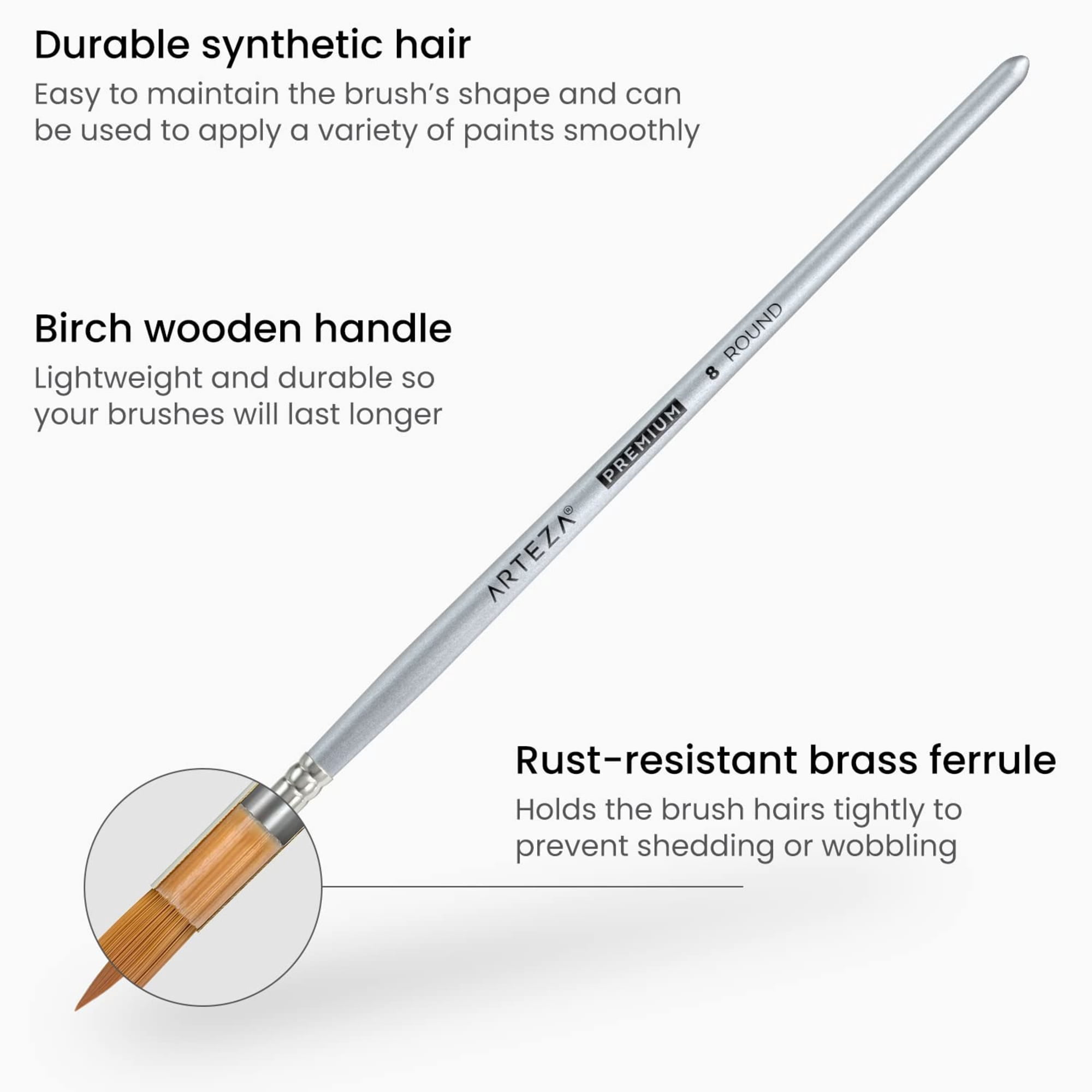 Arteza Watercolor Brushes, Round, 12 Count, Synthetic