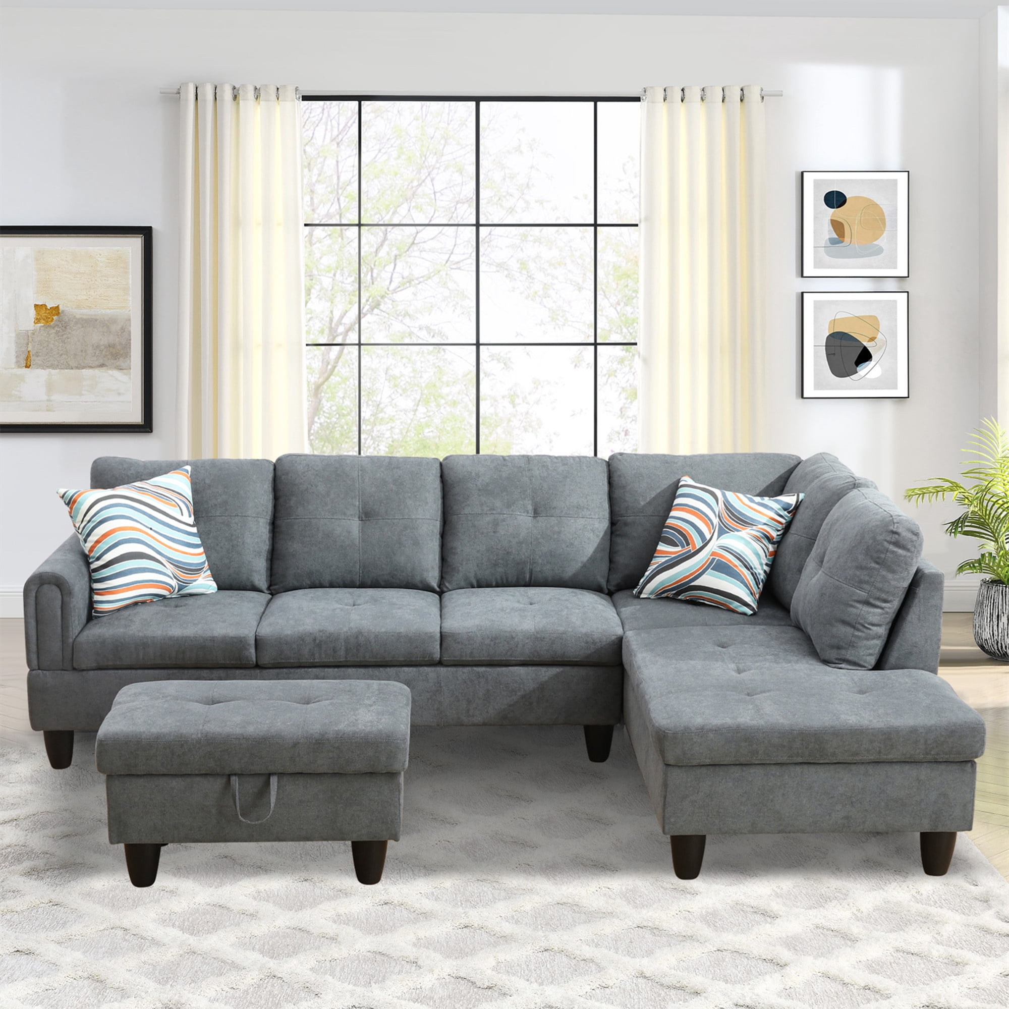 Aukfa 3 Piece Sectional Sofa with Storage Ottoman for Living Room, Right Hand Chaise, Flannel, Gray