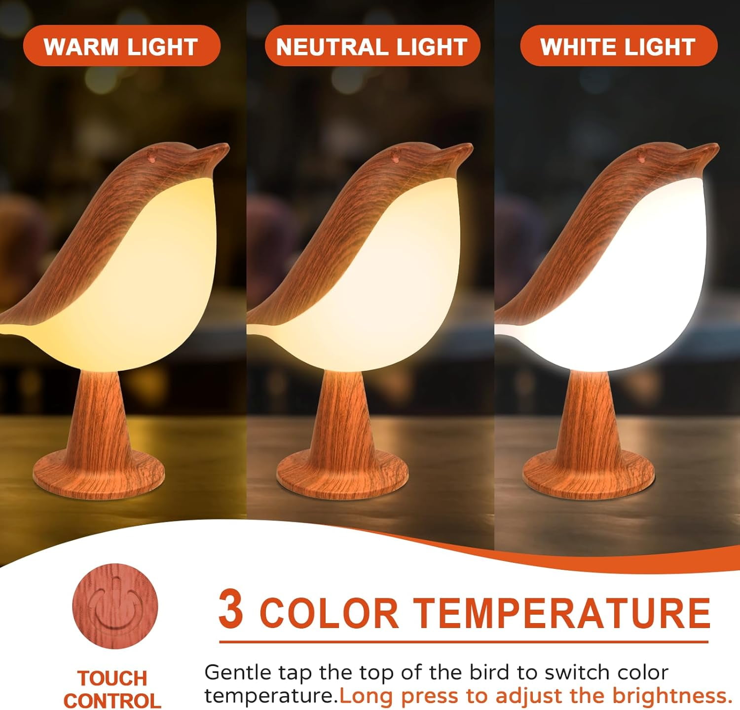 Table Lamp, Touch Control Bird Lamps, Bedside Lamp, Brid Night Light, Cordless Small Desk Lamps Battery Operated Nightstand Lamp, 3-Way Dimmable Light, Rechargeable Decorative Desk Lamp