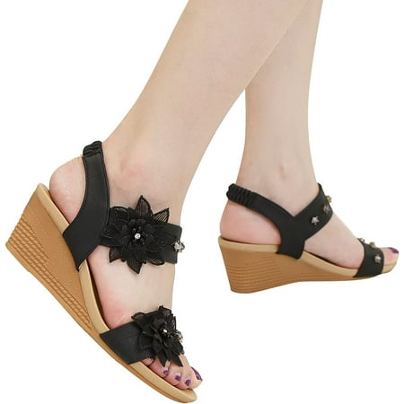 

Summer Women S Wedge Sandals Black Dressy Open-Toe Sandals Ankle Strap Hollowed Out Casual Sandals Beach Shoes Roman Retro Sandals