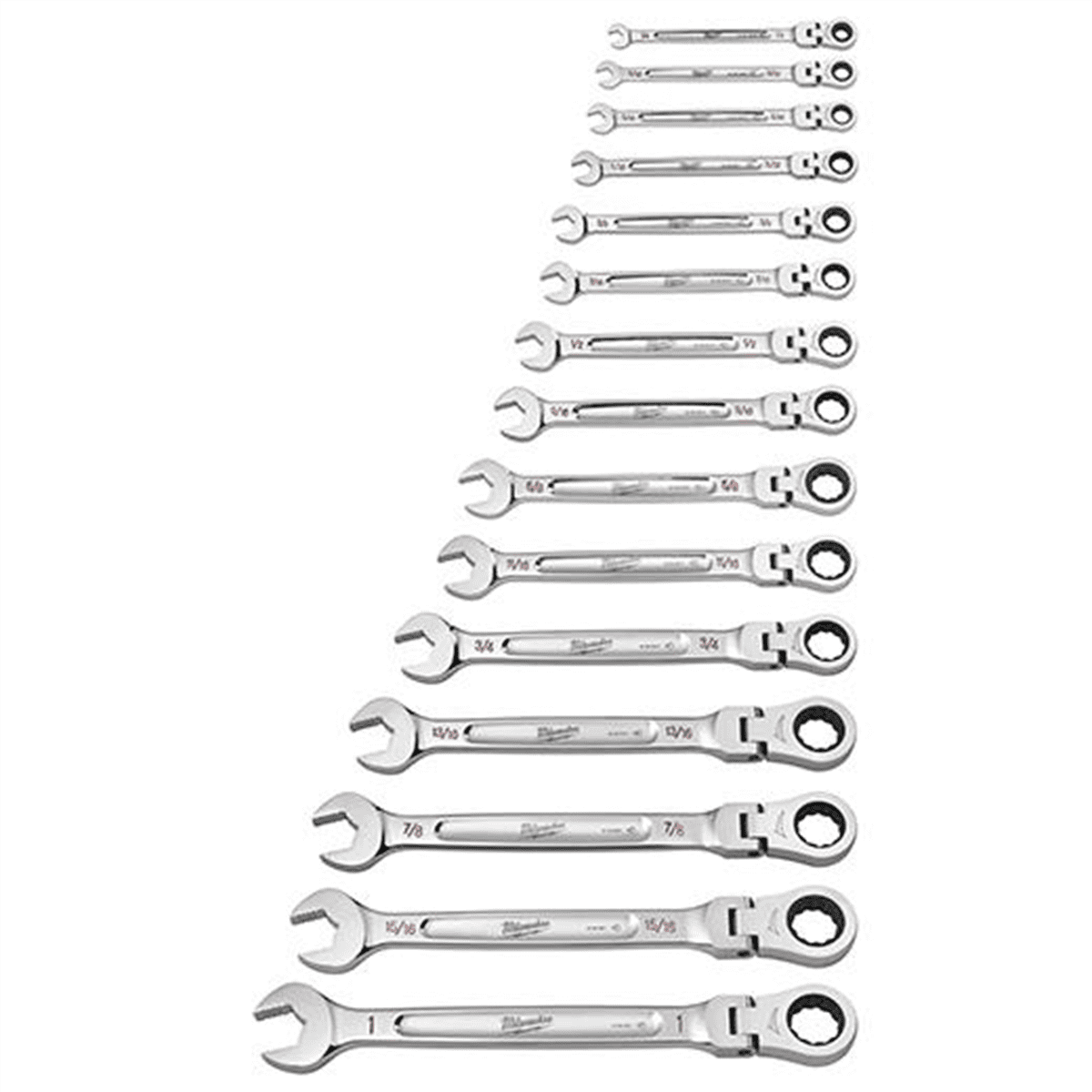 Milwaukee 15-Piece SAE Flex Head Ratcheting Combination Wrench Set (48-22-9413) – 144-Position Ratcheting, MAXBITE Grip, Easy Tray Storage