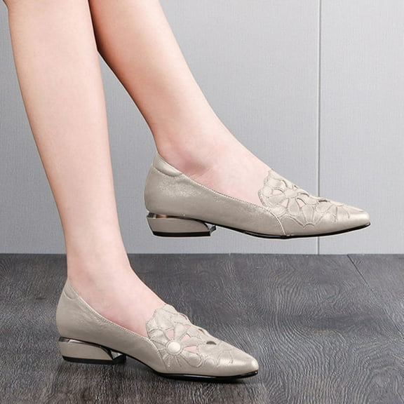 Viluyesy Women's Ballet Flats, Low Heeled Floral Hollow Up Pointed Toe Ladies Slip-On Casual Dressy Shoes Beige 5