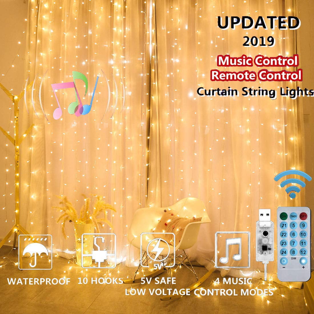Curtain String Lights 300 LED USB Waterproof Twinkle Wall Light 3 X 3 Adjustable 