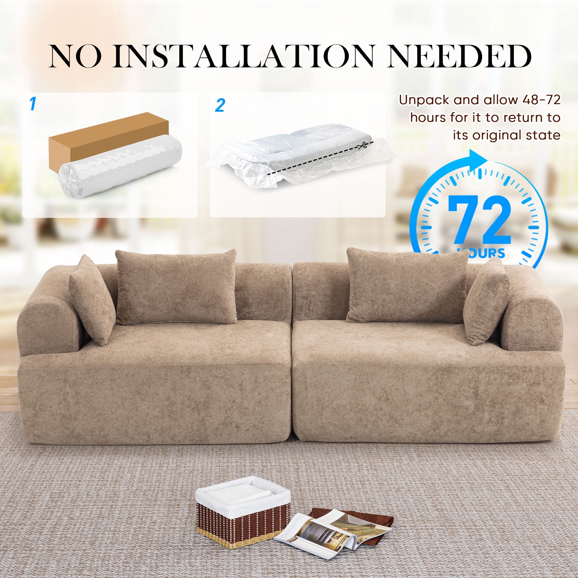 Muumblus Boneless Modular Sectional Sofa, 96" Oversized Deep Seat Loveseat Sofa, Cozy Cloud Living Room Couch, Brown Teddy