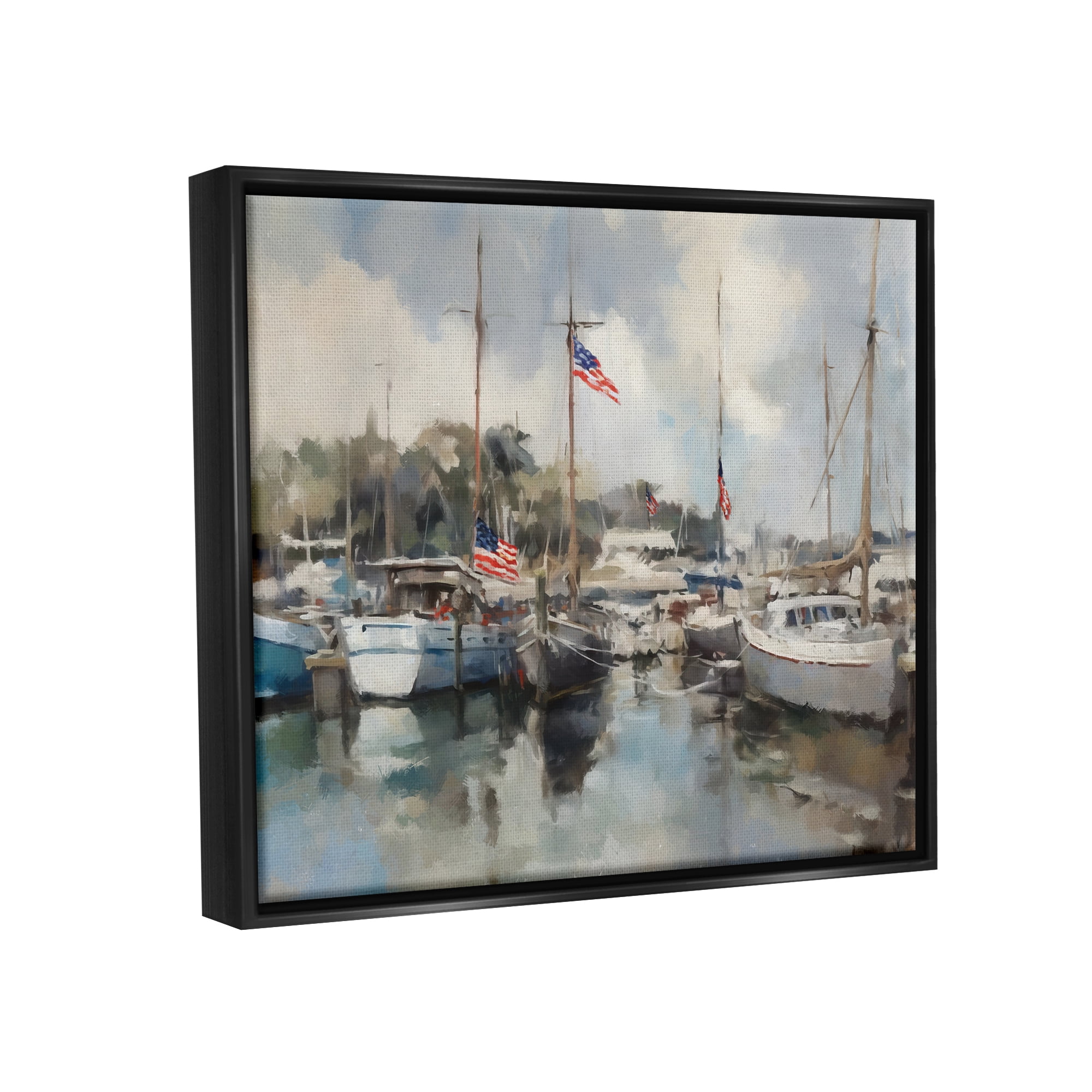 Stupell Industries Boats with American Flags Transportation Painting Black Floater Framed Canvas Art Print Wall Art, 21 x 17