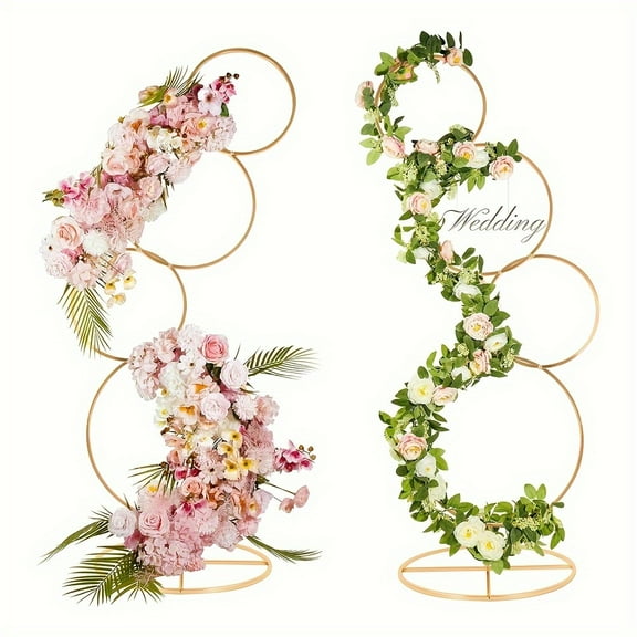 2pcs 5ft Round Golden Wedding Arch Stands with Floral Decor - 4-Tier Elegant Backdrop for Weddings, Birthdays & Events - Photo Booth, Balloon Display & Table Centerpiece