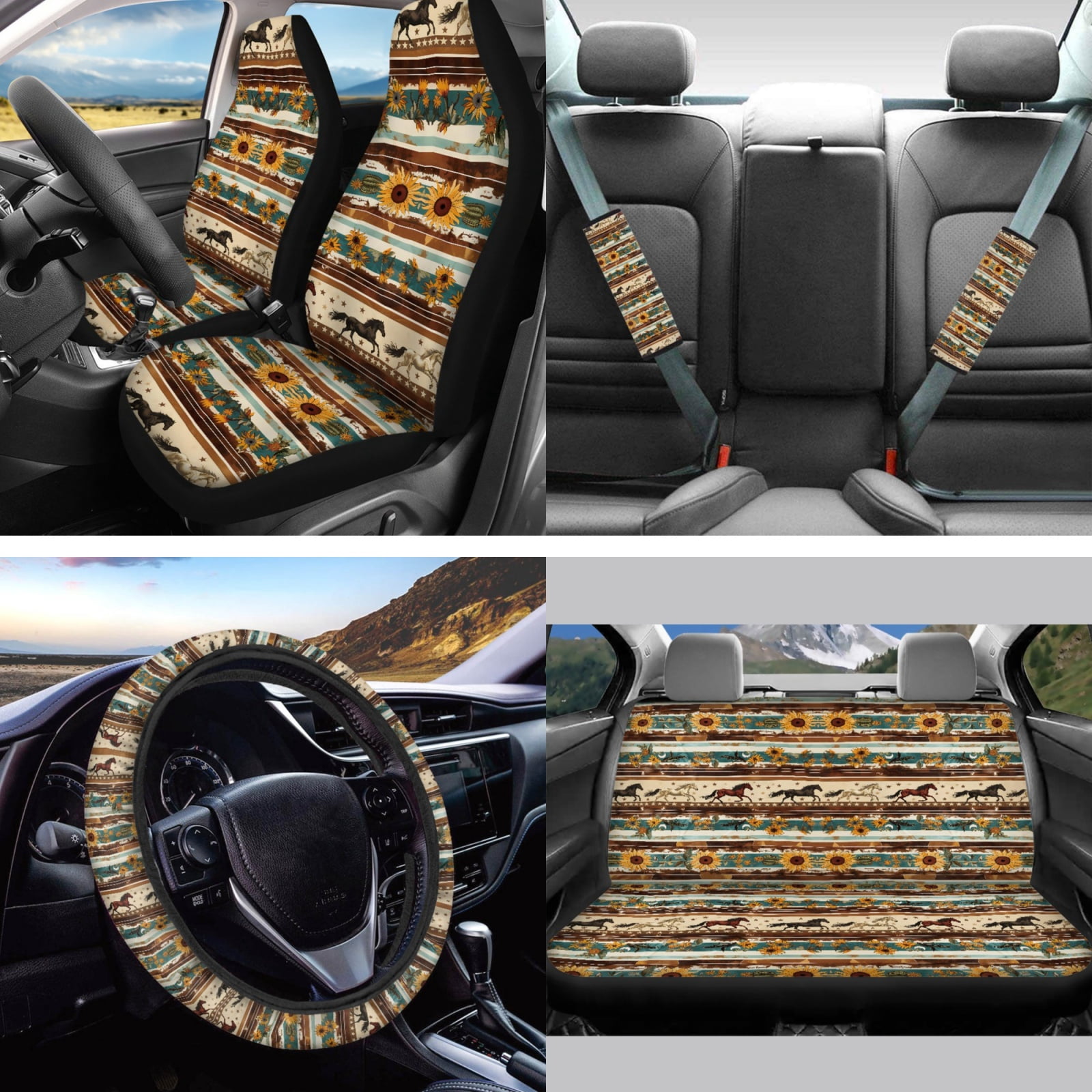 Jeiento Aztec African Car Seat Covers Full Set Car Steering Wheel Accessories Tribal Horse Car Seat Belt Cover Auto Rear View Mirror Cover Car Trash Bin Car Coasters Keychain Chapstick Holder