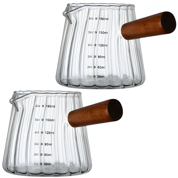 2 PCS Glass Measuring Cups, 6 oz Glass Triple Pitcher with Spout, 180 ml Glass Coffee Shot Glass with Wooden Handle, Espresso Measuring Cups for Bartenders, Coffee Lovers