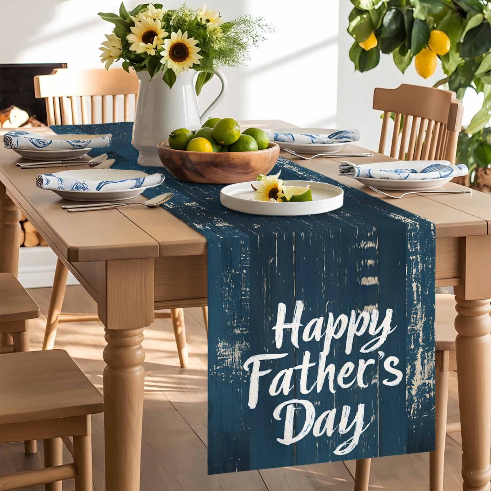 Happy Father's Day Quote Wood Table Runner 90 Inches Long, Retro Navy Blue Wooden Plank Table Runners Tabletop Scarf Kitchen Dining Tables Decoration for Home Party Indoor Outdoor
