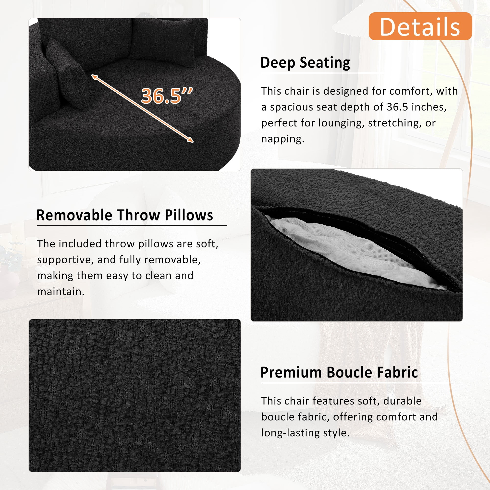 Swivel Round Sofa Couch Sofa Bed,360° Swivel Chair Accent Barrel Chair with 3 Removable Pillows for Living Room, Bedroom,Black