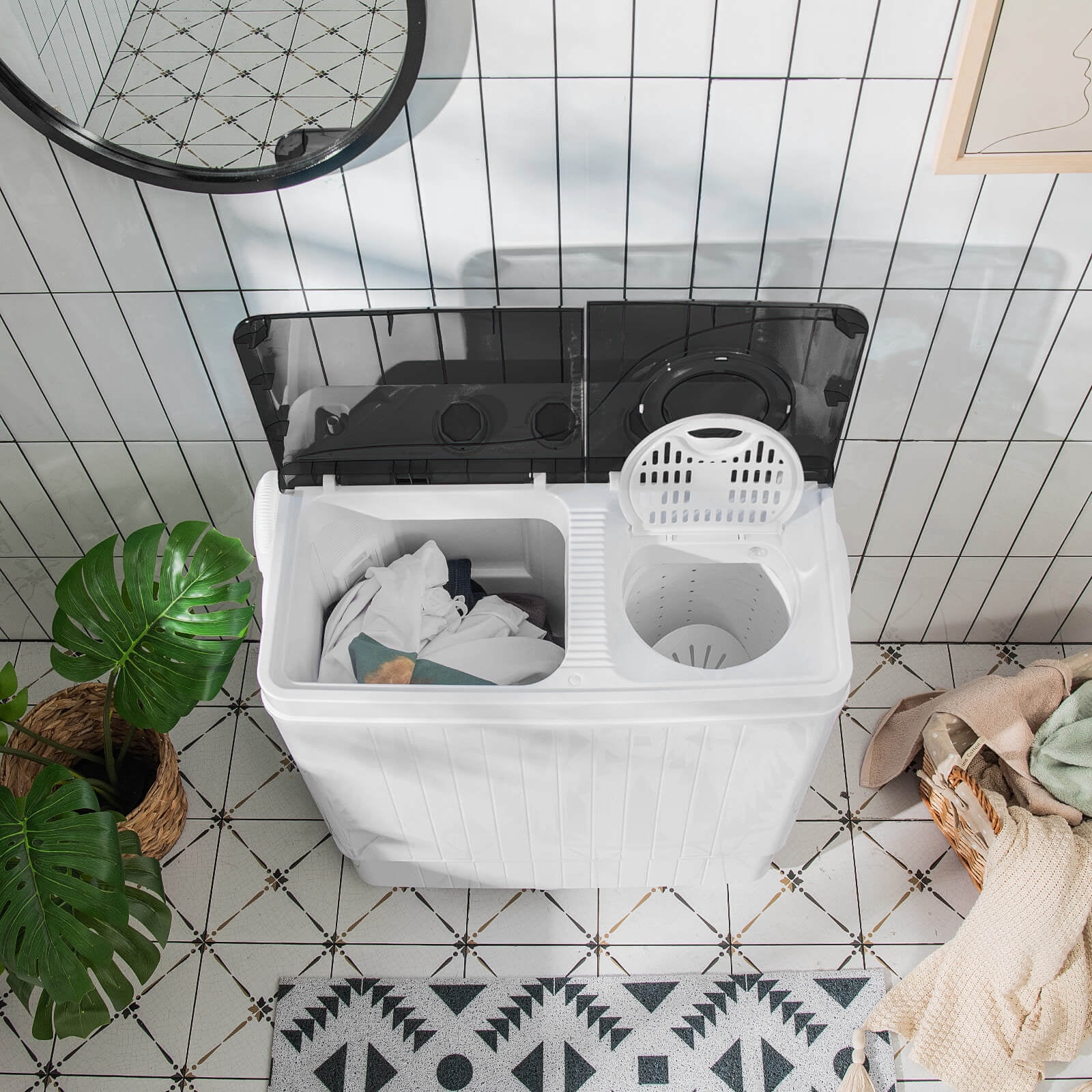 Costway 26lbs Portable Semi-automatic Twin Tub Washing Machine with Drain Pump Black