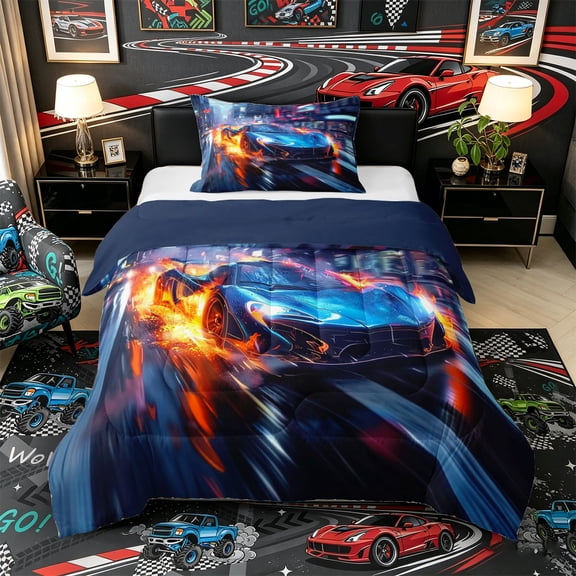Castle Fairy Speeding Sports Car Twin Comforter Sets 3-Piece for Boys, Fire Trail Bedding Set for Teen Room, Black and Red,Navy Blue Reversible
