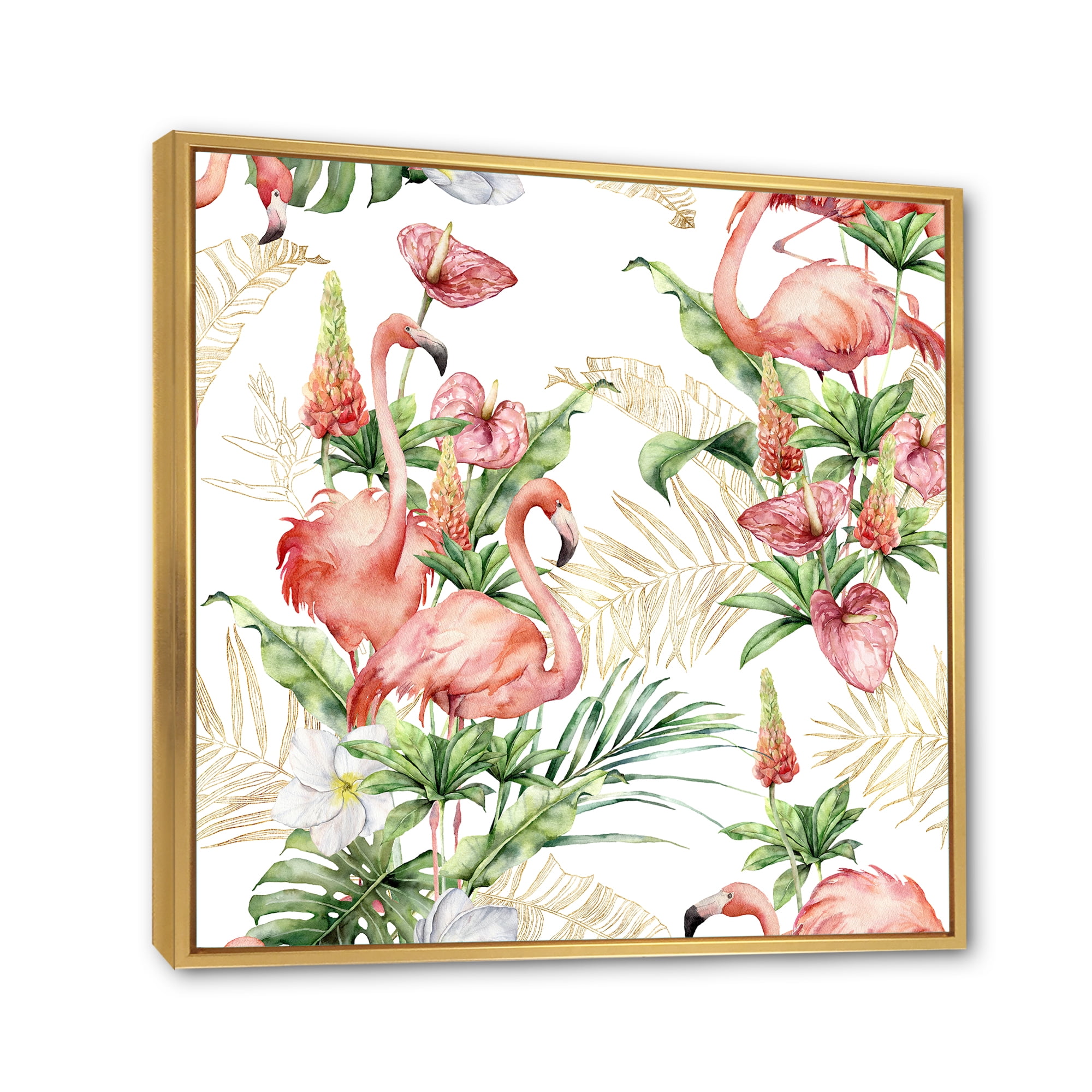Tropical Flowers & Gold Leaves With Pink Flamingos 16 in x 16 in Framed Painting Canvas Art Print, by Designart