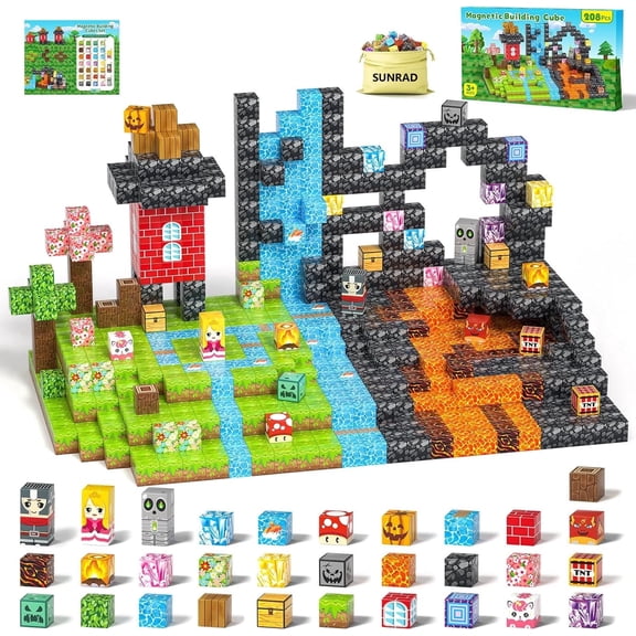 Sunrad Magnetic Blocks | 208-Piece Magnetic Building Cube Set, Construction Toys for Boys & Girls Ages 3 ,STEM Stacking Toy, Sensory Tiles Building Set for Toddlers