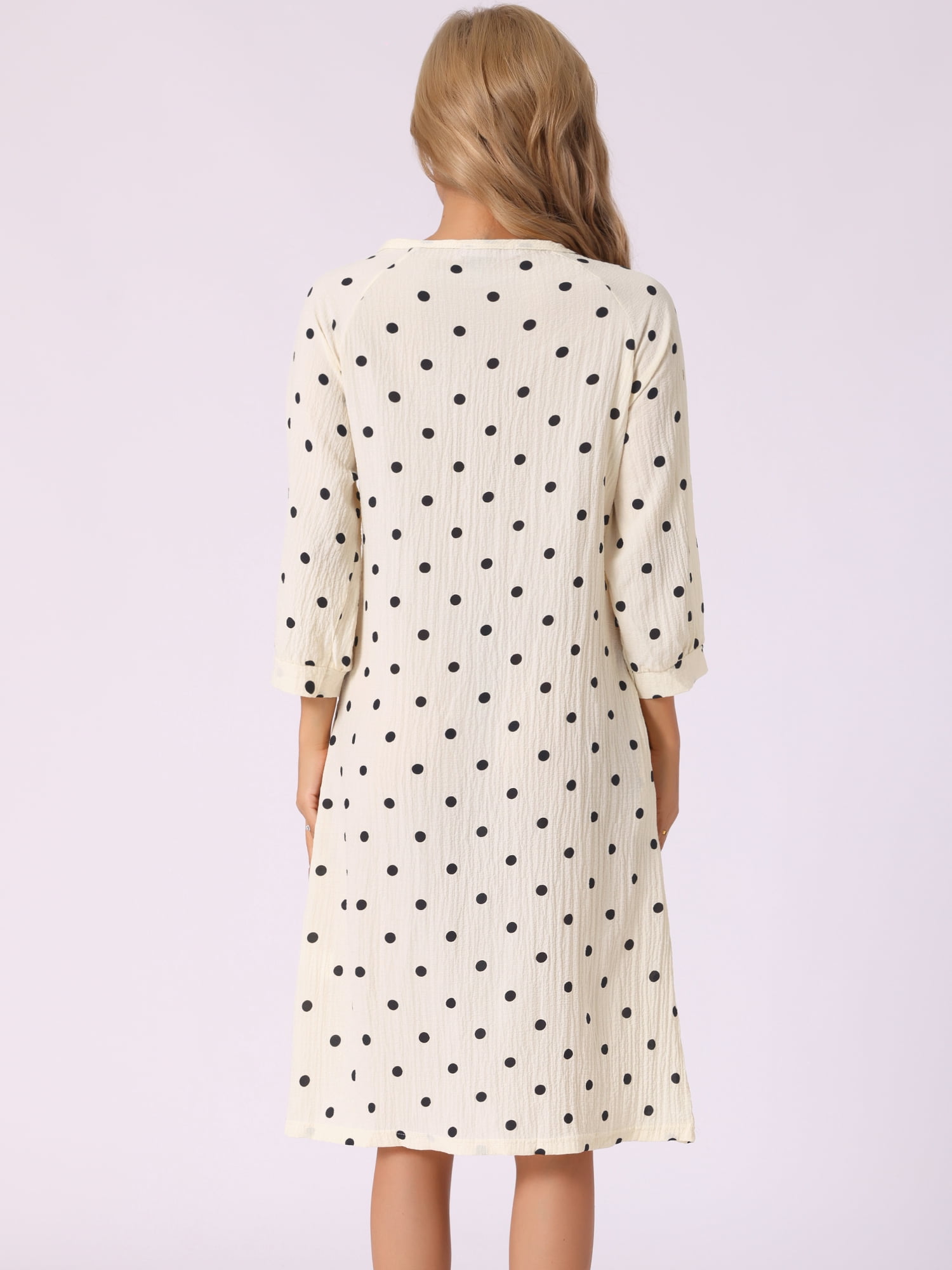 DARING DIVA Women's Button Up Sleepwear 3/4 Sleeve Crew Neck Nightshirt XS Black polka dots