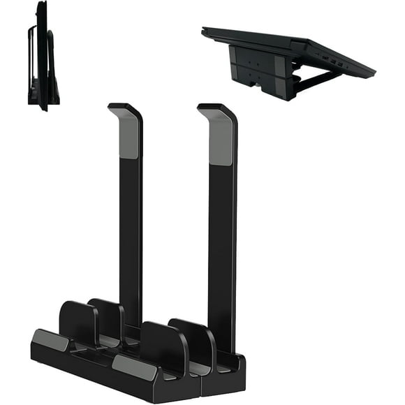 SDES-Vertical Laptop Stand for Desk, Dual Slots, Plastic, Adjustable, Space Saving 3-in-1 Design, Supports MacBook, Chromebook, Surface, Dell (Black)