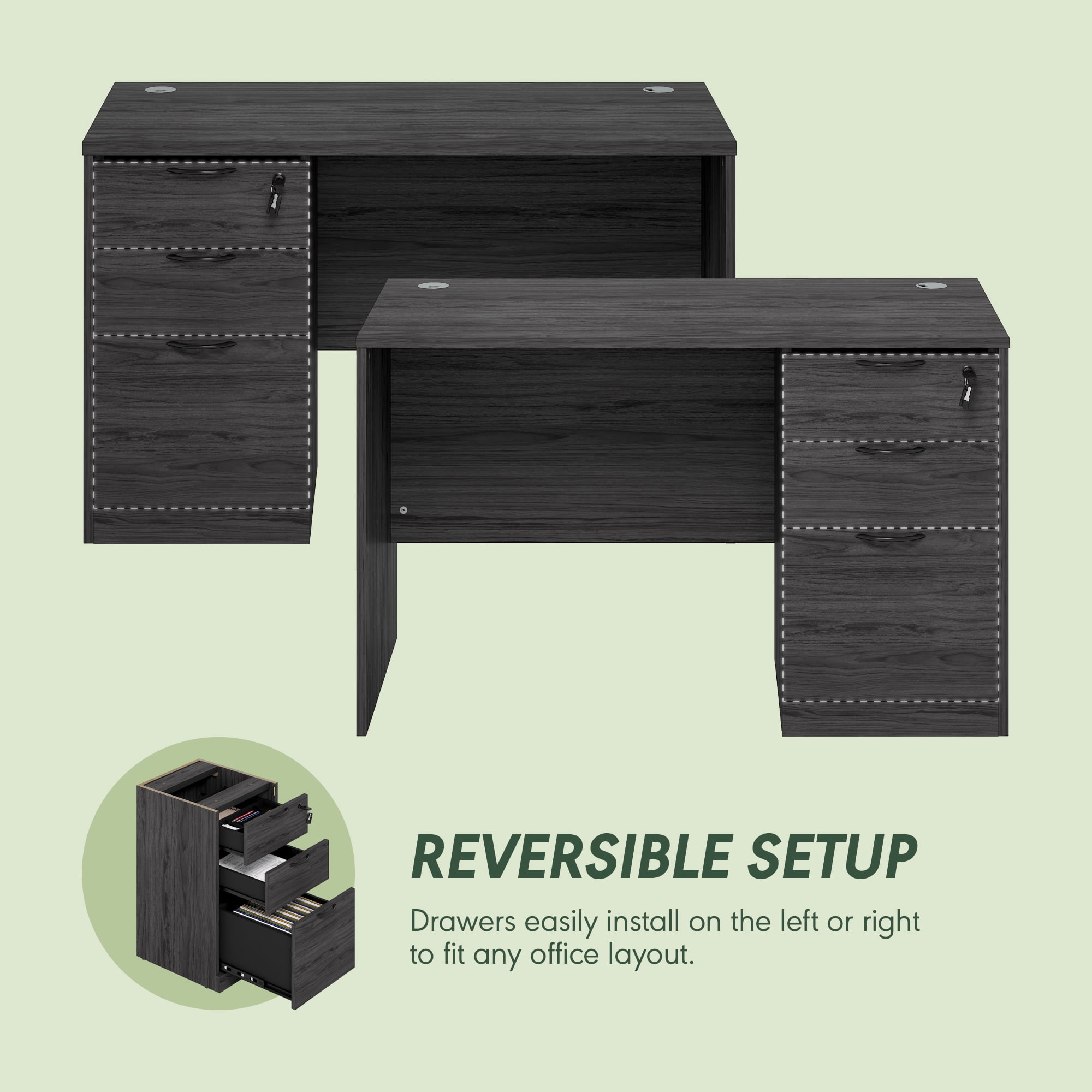 Furinno ROGER 47" Executive Desk with 3-Drawer Cord Grommet Coastal Gray