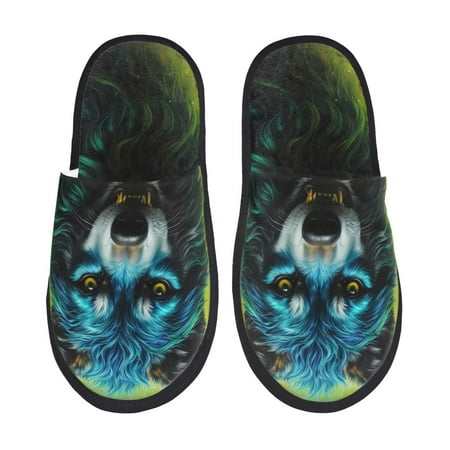 Balery Fluorescent Wolf Slient Indoor Furry Fleece Comfort House Shoes Soft Non-Slip Home Shoes Cotton slippers House Slippers-- Large