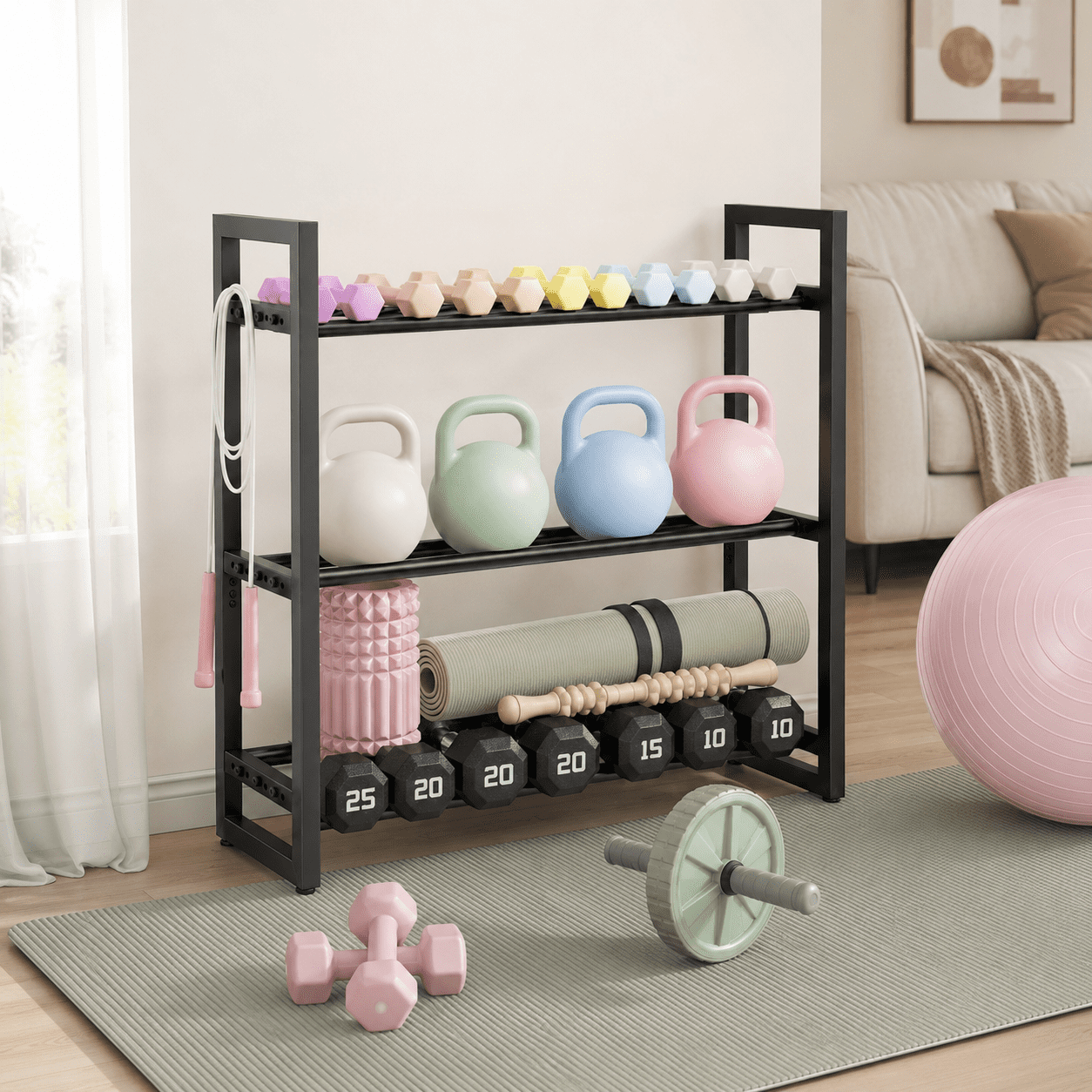 Three-tier dumbbell rack (frame only, dumbbells not included) Suitable for home gyms and compact training spaces Organises and stores dumbbells Maximum load capacity: 390 lbs