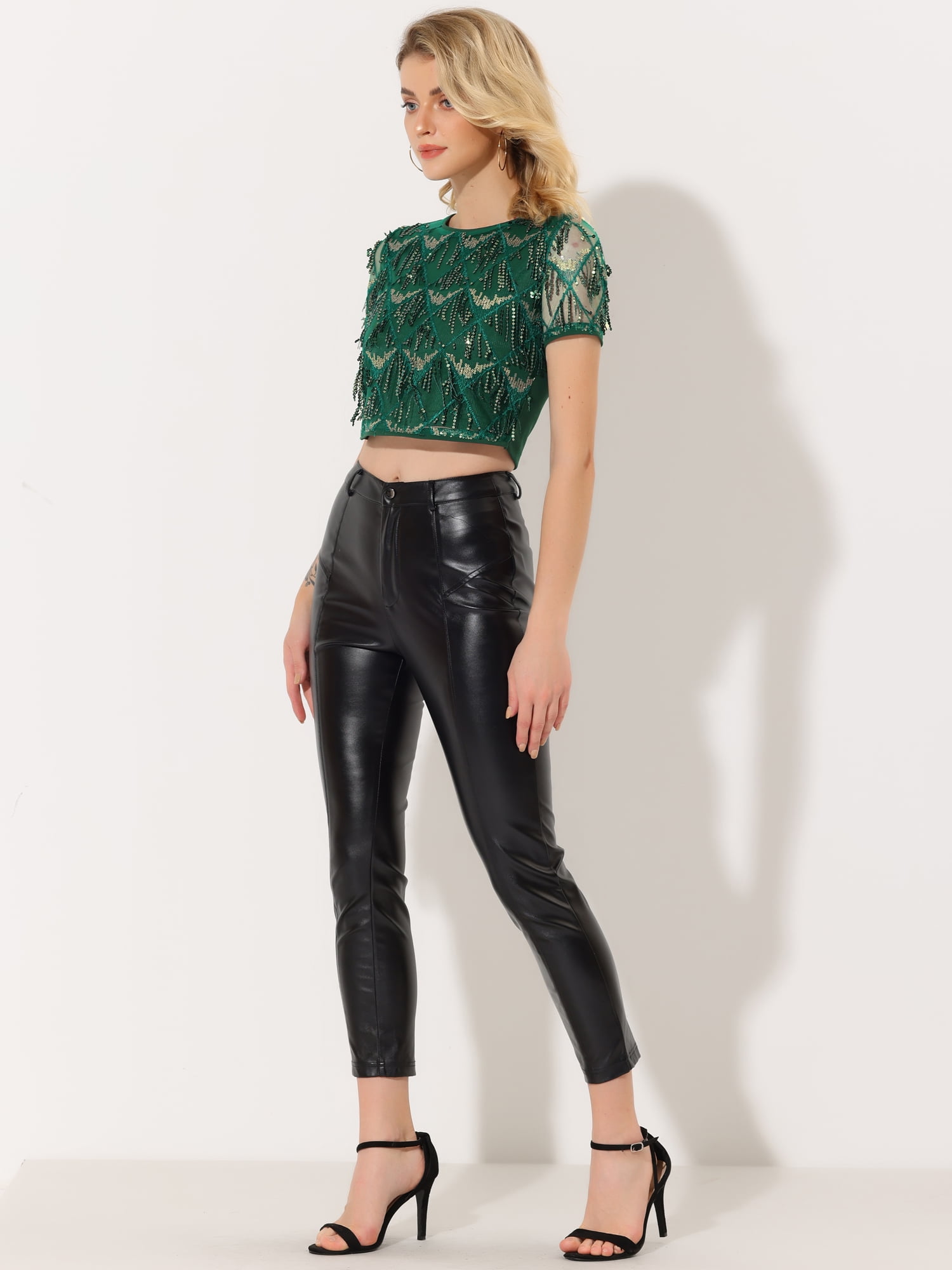DARING DIVA Sequin Shiny Glitter Crop Top Tassel T-Shirt M Green